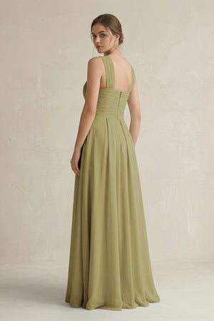 Cross Halter Chiffon A-Line Pleated Bridesmaid Dress in Moss Green (2) | KISSBRIDAL