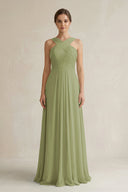 Cross Halter Chiffon A - Line Pleated Bridesmaid Dress in Moss Green - SHE IS ME Bridesmaid Dresses