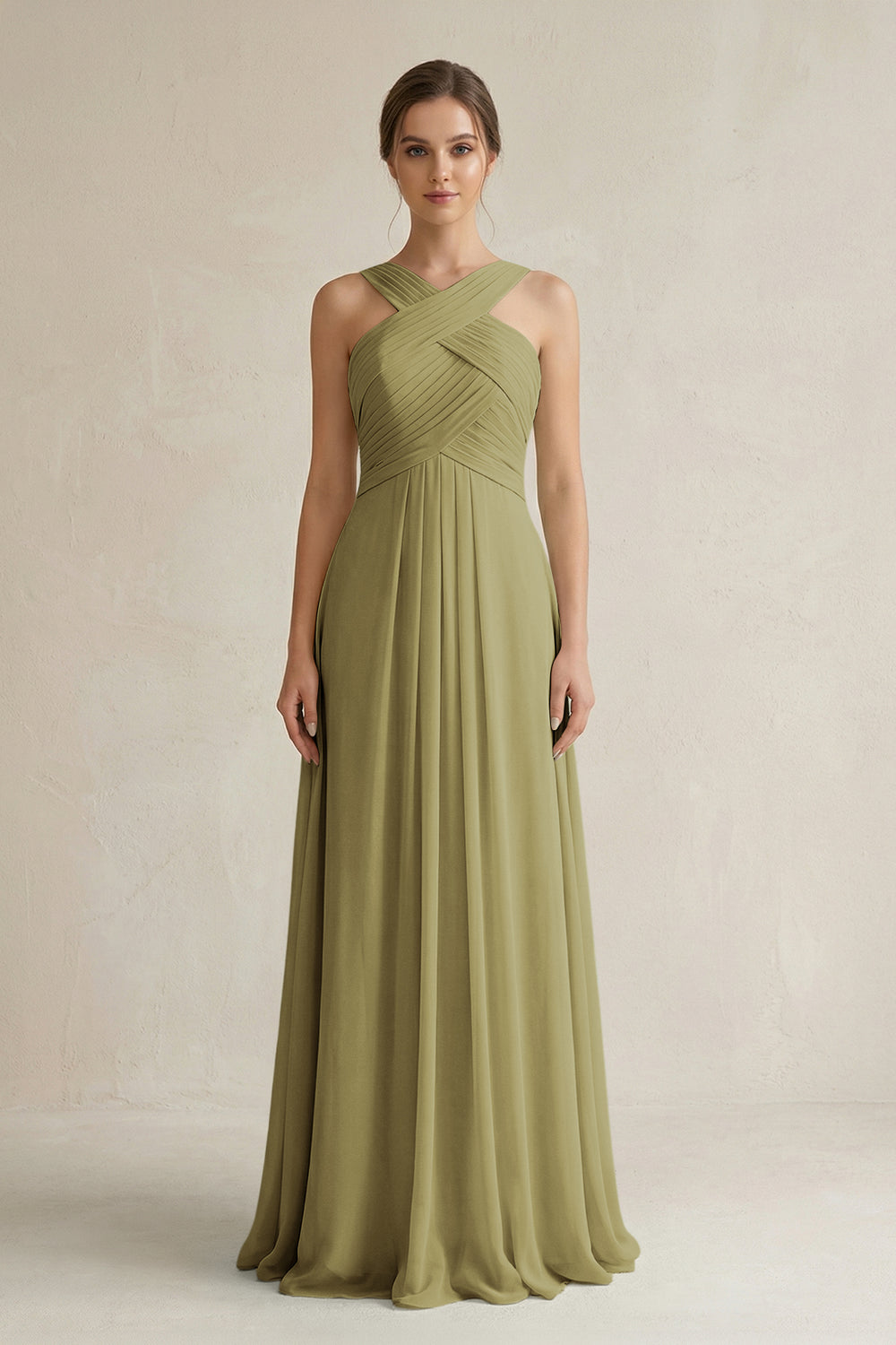 Cross Halter Chiffon A-Line Pleated Bridesmaid Dress in Moss Green