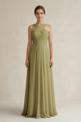 Cross Halter Chiffon A-Line Pleated Bridesmaid Dress in Moss Green | KISSBRIDAL