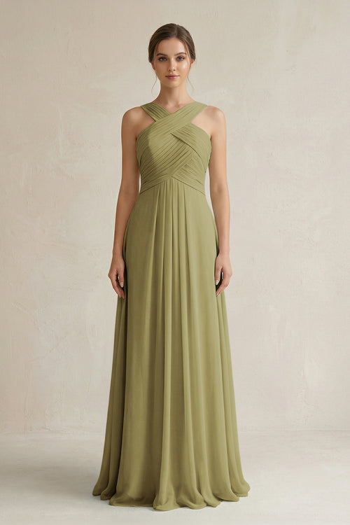 Cross Halter Chiffon A-Line Pleated Bridesmaid Dress in Moss Green | KISSBRIDAL