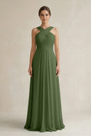 Cross Halter Chiffon A-Line Pleated Bridesmaid Dress in Moss | KISSBRIDAL