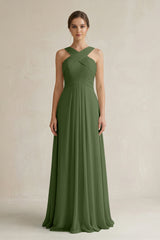 Cross Halter Chiffon A-Line Pleated Bridesmaid Dress in Moss | KISSBRIDAL