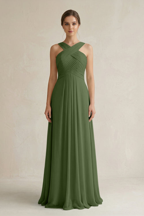 Cross Halter Chiffon A-Line Pleated Bridesmaid Dress in Moss | KISSBRIDAL