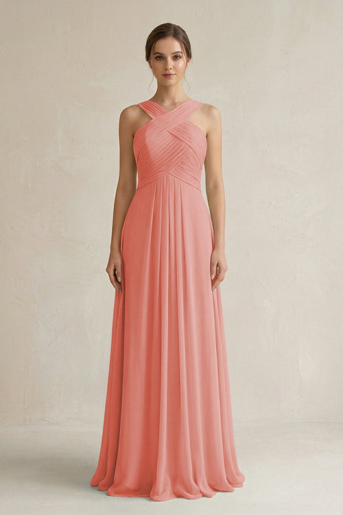 Cross Halter Chiffon A - Line Pleated Bridesmaid Dress in Mulberry - SHE IS ME Bridesmaid Dresses