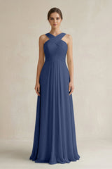 Cross Halter Chiffon A - Line Pleated Bridesmaid Dress in Navy - KISS BRIDAL Bridesmaid Dresses