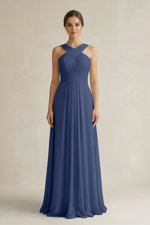 Cross Halter Chiffon A - Line Pleated Bridesmaid Dress in Navy - SHE IS ME Bridesmaid Dresses