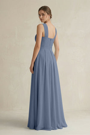 Cross Halter Chiffon A - Line Pleated Bridesmaid Dress in Neptune - SHE IS ME Bridesmaid Dresses