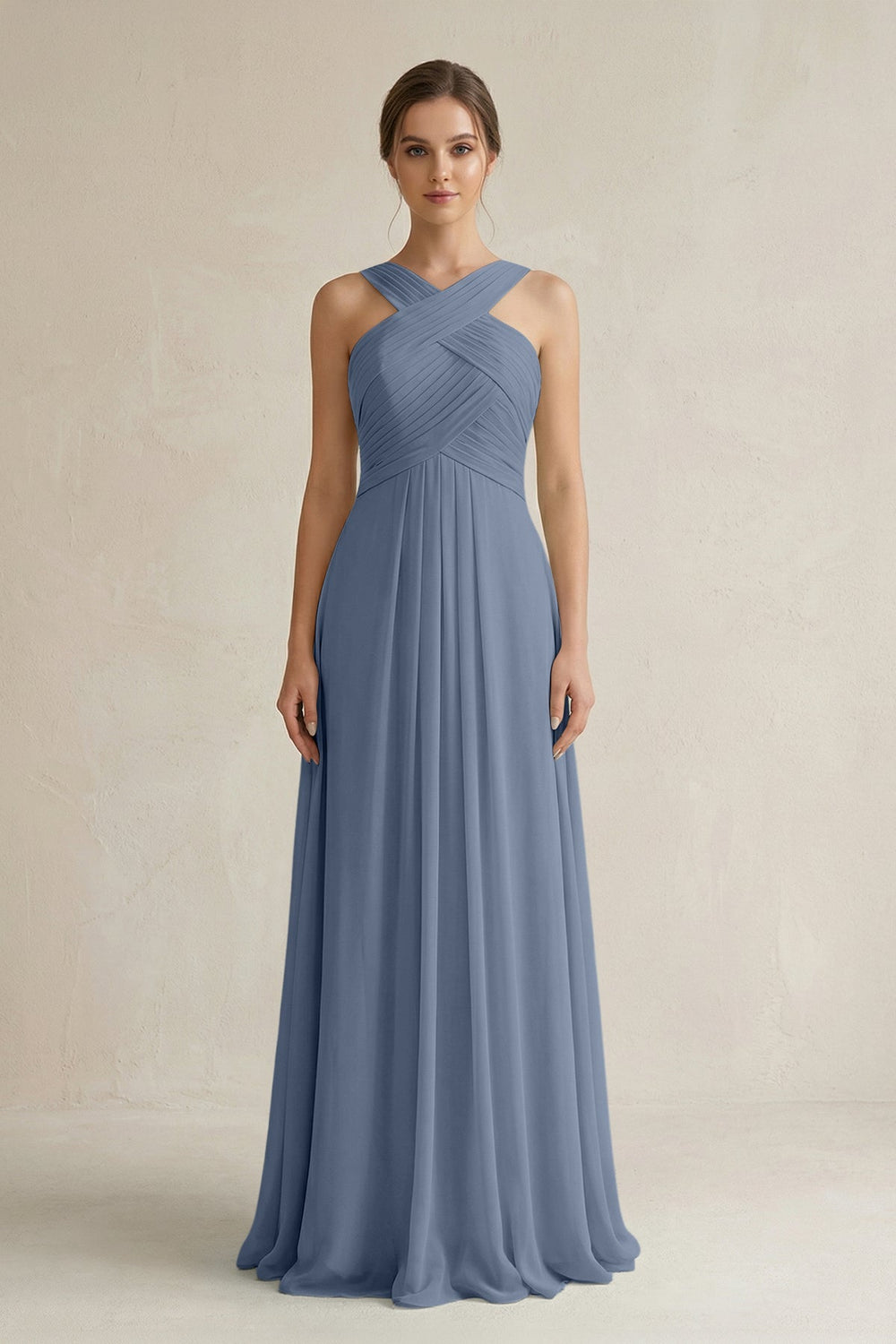 Cross Halter Chiffon A - Line Pleated Bridesmaid Dress in Neptune - SHE IS ME Bridesmaid Dresses
