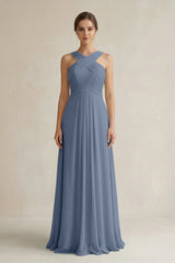 Cross Halter Chiffon A - Line Pleated Bridesmaid Dress in Neptune - KISS BRIDAL Bridesmaid Dresses