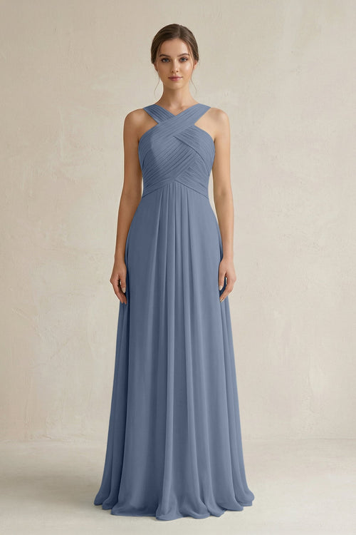 Cross Halter Chiffon A - Line Pleated Bridesmaid Dress in Neptune - SHE IS ME Bridesmaid Dresses