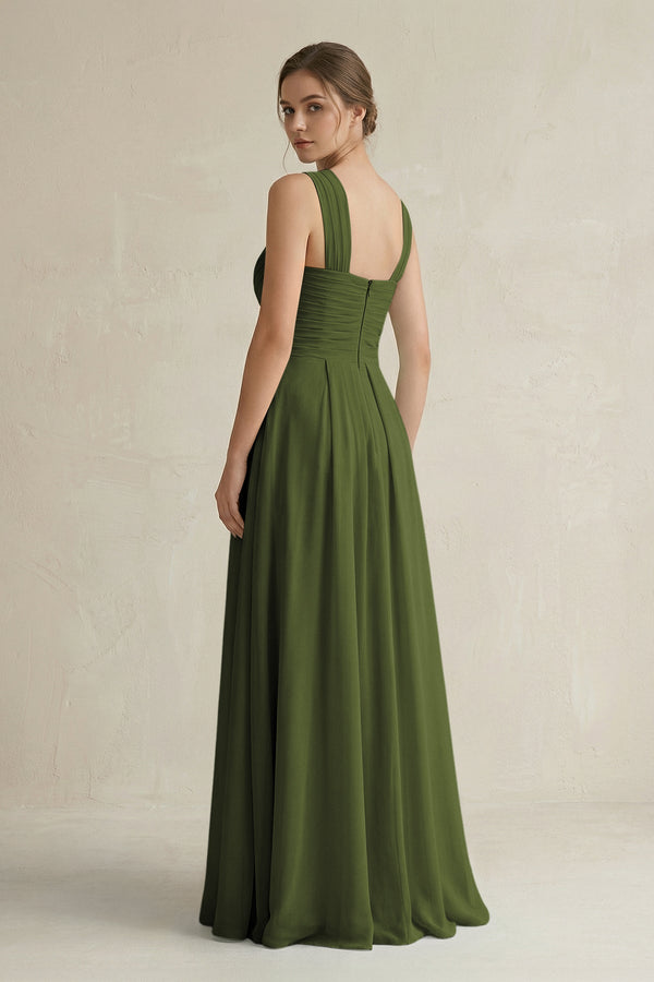 Cross Halter Chiffon A - Line Pleated Bridesmaid Dress in Olive - SHE IS ME Bridesmaid Dresses