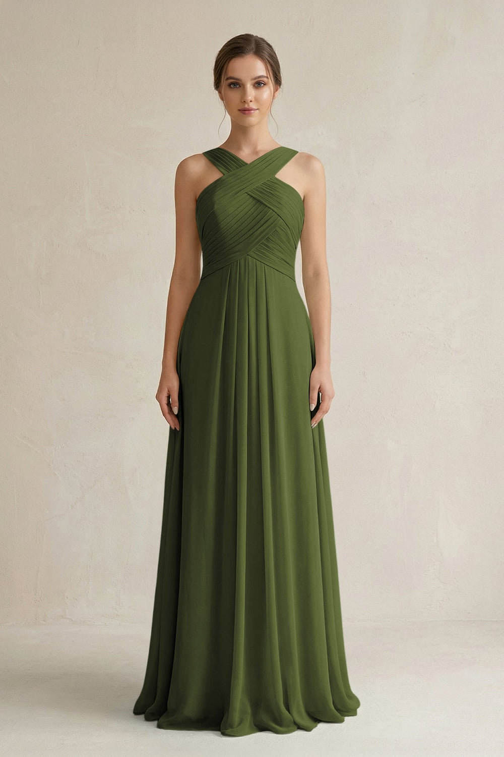 Cross Halter Chiffon A - Line Pleated Bridesmaid Dress in Olive - SHE IS ME Bridesmaid Dresses