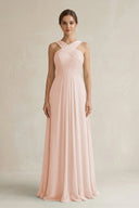 Cross Halter Chiffon A - Line Pleated Bridesmaid Dress in Pale Blush - SHE IS ME Bridesmaid Dresses
