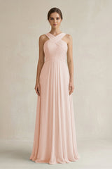 Cross Halter Chiffon A - Line Pleated Bridesmaid Dress in Pale Blush - KISS BRIDAL Bridesmaid Dresses