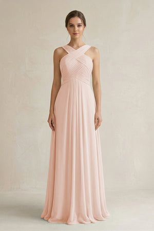 Cross Halter Chiffon A - Line Pleated Bridesmaid Dress in Pale Blush - SHE IS ME Bridesmaid Dresses