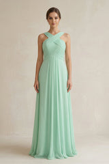 Cross Halter Chiffon A-Line Pleated Bridesmaid Dress in Pale Pistachio - KISS BRIDAL BRIDESMAID DRESSES