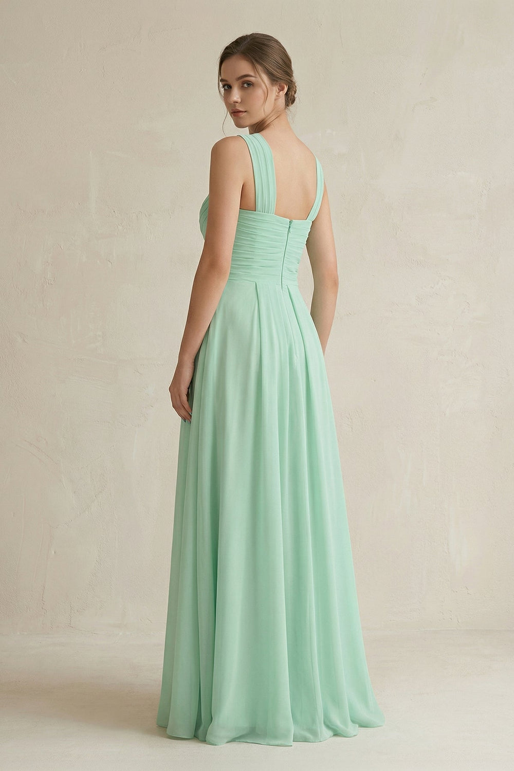 Cross Halter Chiffon A-Line Pleated Bridesmaid Dress in Pale Pistachio