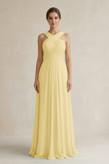 Cross Halter Chiffon A - Line Pleated Bridesmaid Dress in Pastel Yellow - KISS BRIDAL Bridesmaid Dresses