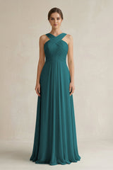 Cross Halter Chiffon A - Line Pleated Bridesmaid Dress in Pine - KISS BRIDAL Bridesmaid Dresses