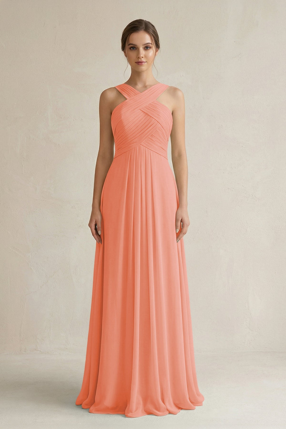 Cross Halter Chiffon A - Line Pleated Bridesmaid Dress in Rosette - SHE IS ME Bridesmaid Dresses