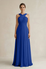 Cross Halter Chiffon A - Line Pleated Bridesmaid Dress in Royal Blue - KISS BRIDAL Bridesmaid Dresses