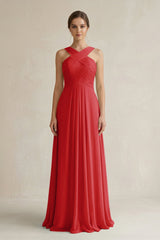 Cross Halter Chiffon A - Line Pleated Bridesmaid Dress in Ruby Red - KISS BRIDAL Bridesmaid Dresses