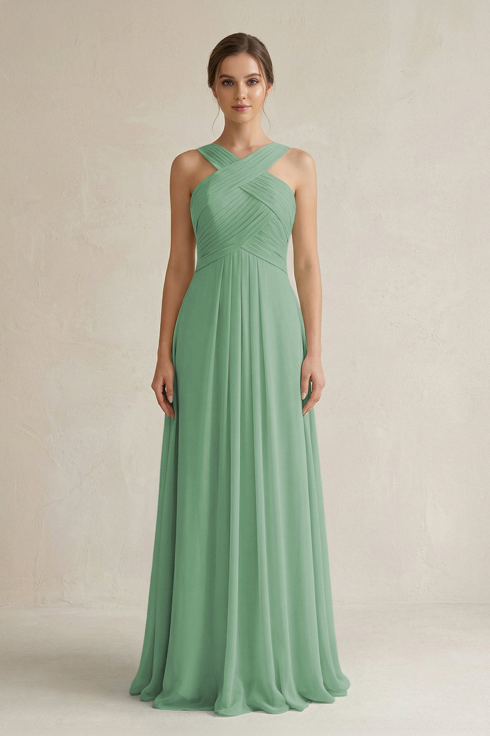 Cross Halter Chiffon A - Line Pleated Bridesmaid Dress in Sea Glass - SHE IS ME Bridesmaid Dresses