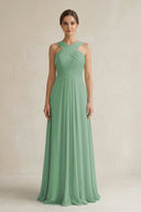 Cross Halter Chiffon A - Line Pleated Bridesmaid Dress in Sea Glass - SHE IS ME Bridesmaid Dresses