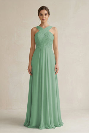 Cross Halter Chiffon A - Line Pleated Bridesmaid Dress in Sea Glass - SHE IS ME Bridesmaid Dresses