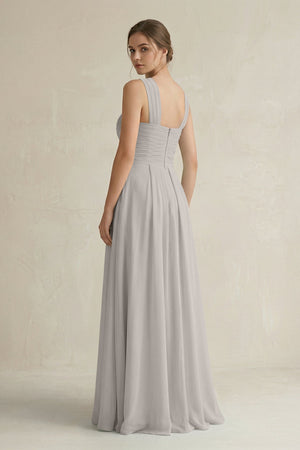 Cross Halter Chiffon A - Line Pleated Bridesmaid Dress in Silver - KISS BRIDAL Bridesmaid Dresses