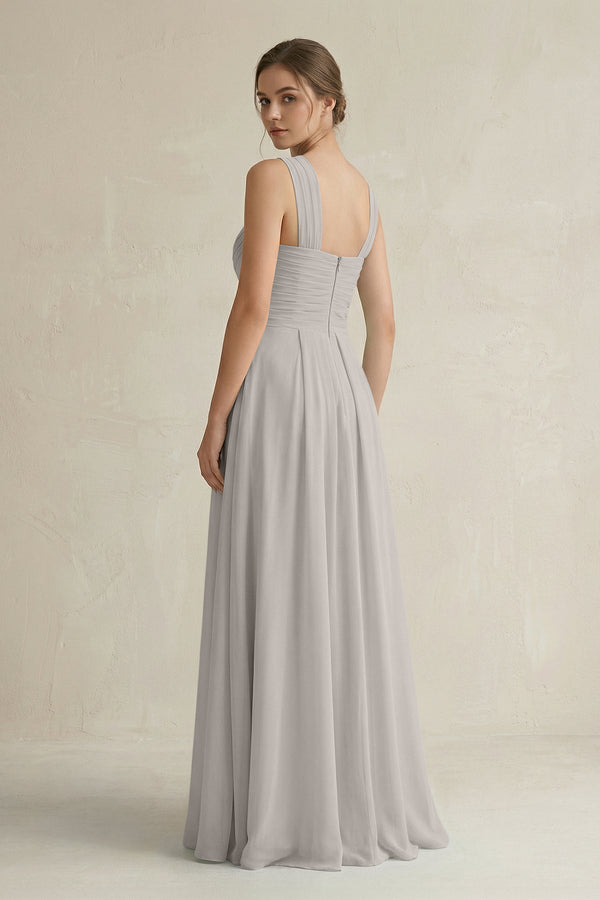 Cross Halter Chiffon A - Line Pleated Bridesmaid Dress in Silver - KISS BRIDAL Bridesmaid Dresses