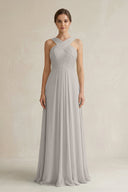 Cross Halter Chiffon A - Line Pleated Bridesmaid Dress in Silver - KISS BRIDAL Bridesmaid Dresses