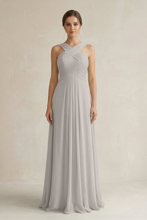 Cross Halter Chiffon A - Line Pleated Bridesmaid Dress in Silver - KISS BRIDAL Bridesmaid Dresses