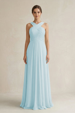 Cross Halter Chiffon A - Line Pleated Bridesmaid Dress in Sky Blue - SHE IS ME Bridesmaid Dresses