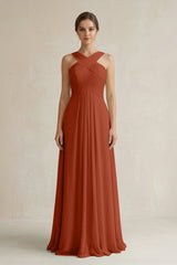 Cross Halter Chiffon A - Line Pleated Bridesmaid Dress in Spice - KISS BRIDAL Bridesmaid Dresses