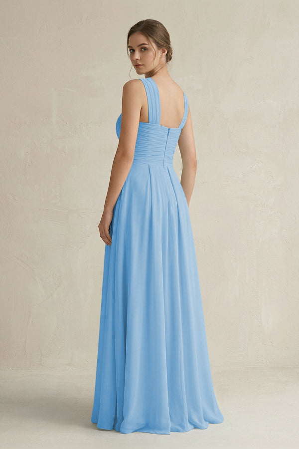 Cross Halter Chiffon A - Line Pleated Bridesmaid Dress in Steel Blue - SHE IS ME Bridesmaid Dresses