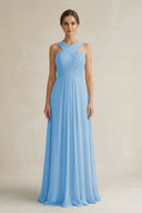 Cross Halter Chiffon A - Line Pleated Bridesmaid Dress in Steel Blue - SHE IS ME Bridesmaid Dresses