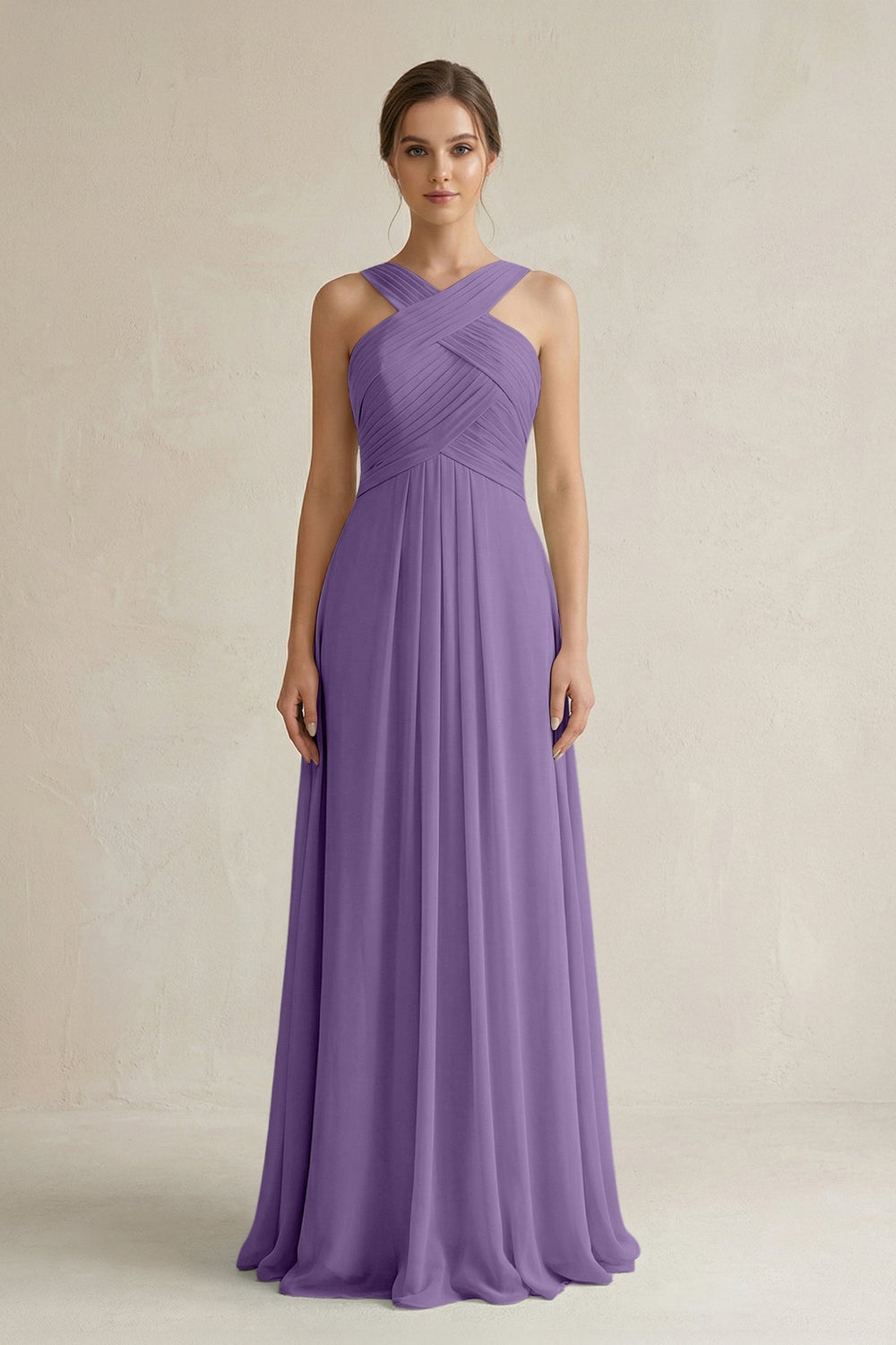 Cross Halter Chiffon A - Line Pleated Bridesmaid Dress in Tahiti - SHE IS ME Bridesmaid Dresses