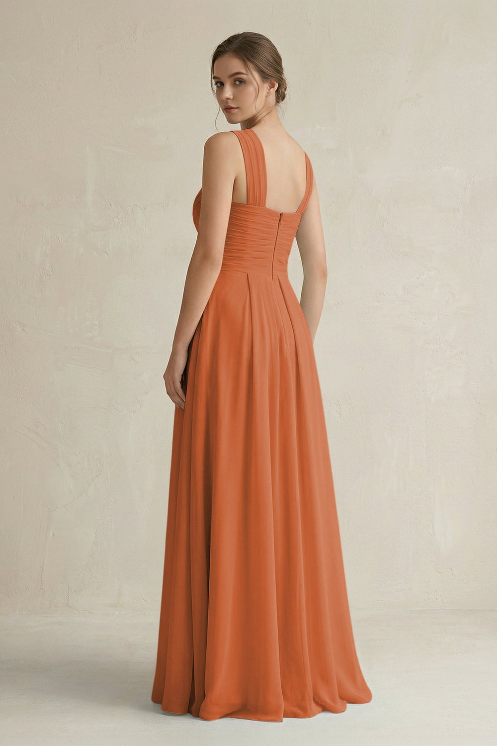 Cross Halter Chiffon A - Line Pleated Bridesmaid Dress in Terracotta - SHE IS ME Bridesmaid Dresses