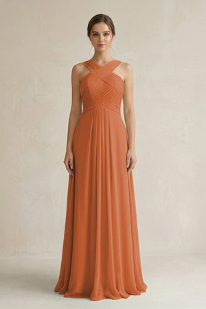 Cross Halter Chiffon A - Line Pleated Bridesmaid Dress in Terracotta - SHE IS ME Bridesmaid Dresses