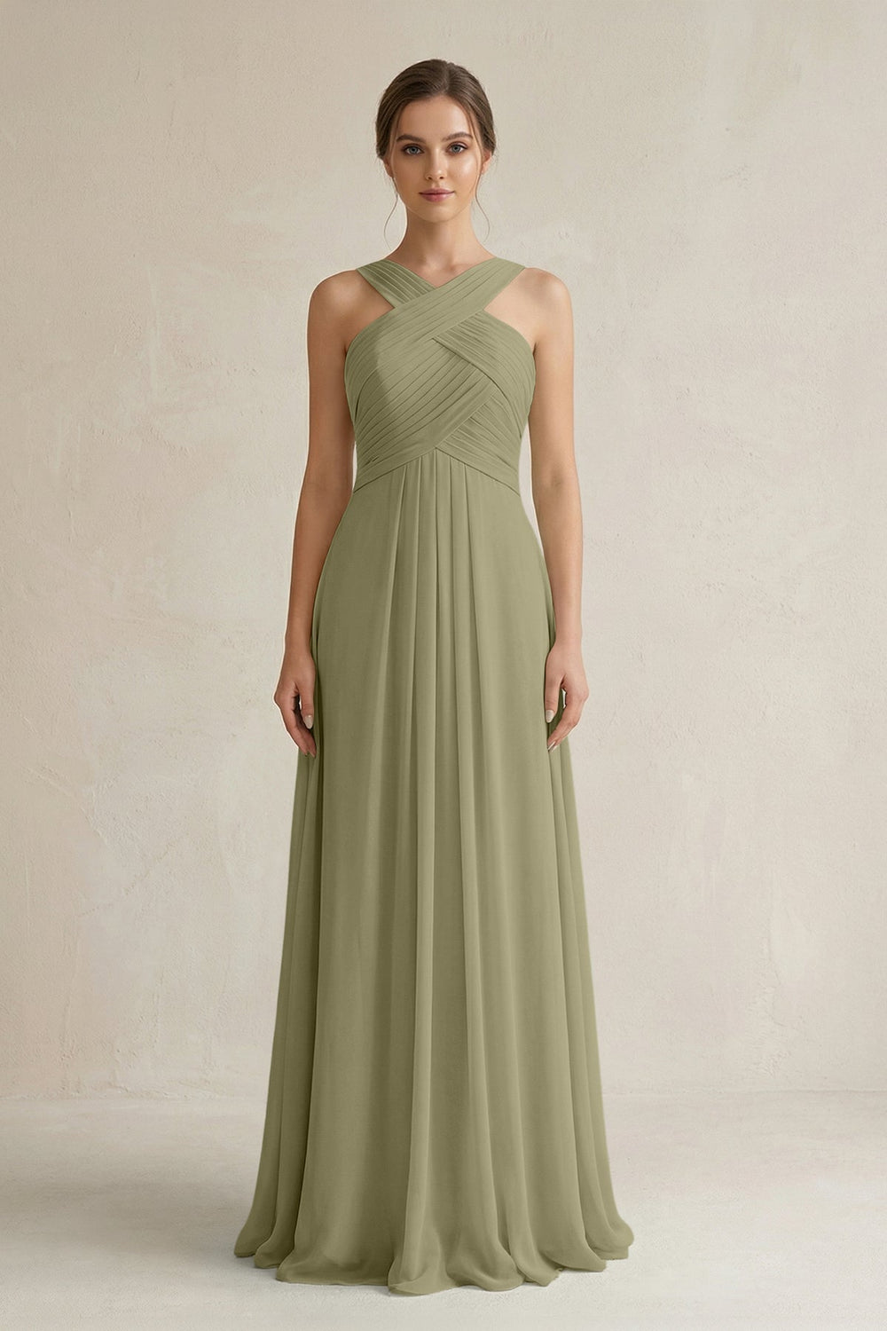 Cross Halter Chiffon A - Line Pleated Bridesmaid Dress in Thyme - SHE IS ME Bridesmaid Dresses
