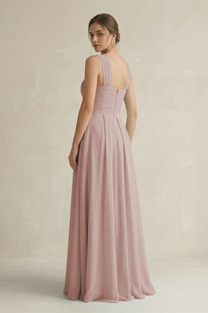 Cross Halter Chiffon A-Line Pleated Bridesmaid Dress in Toffee (2) | KISSBRIDAL