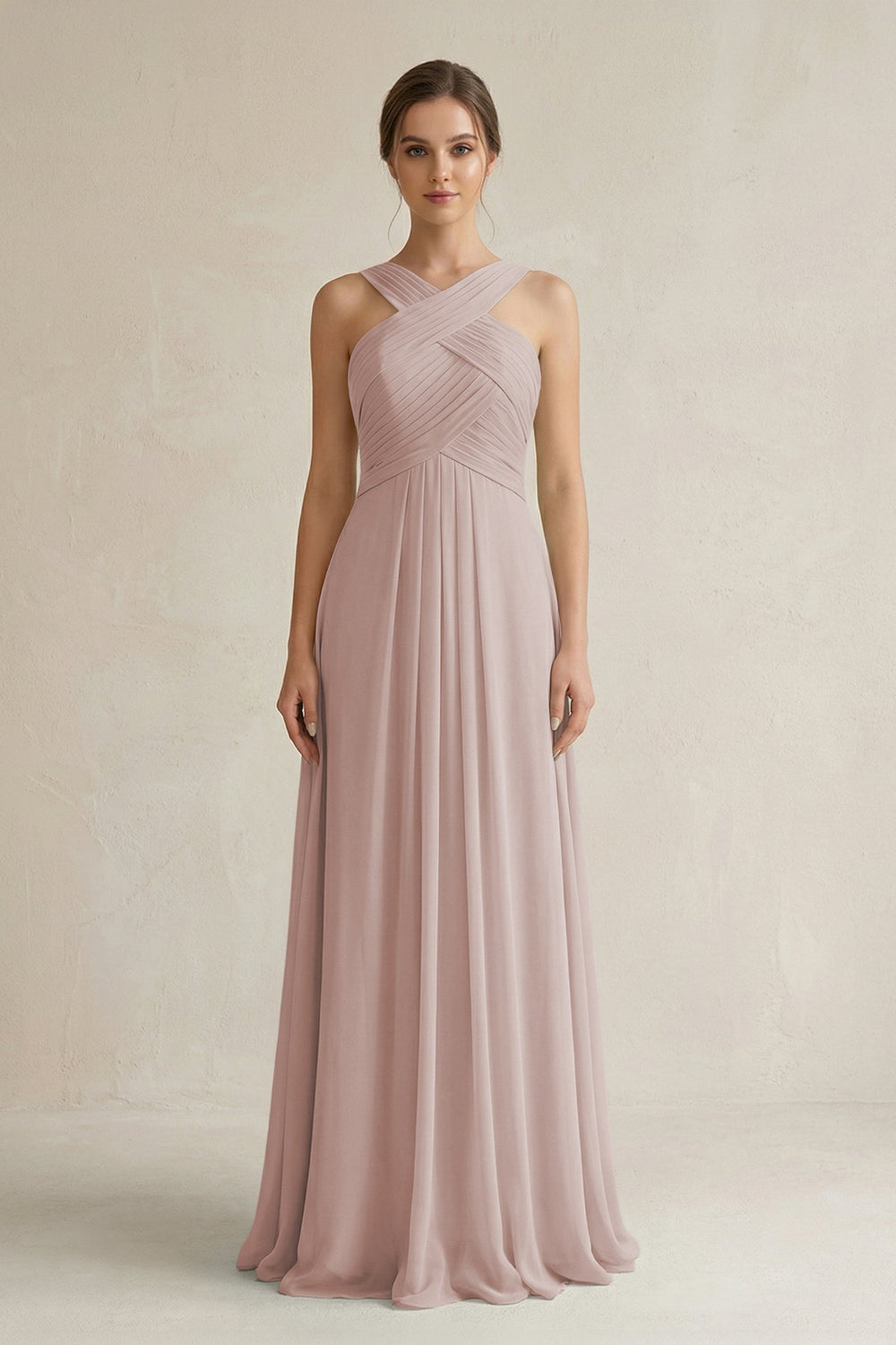 Cross Halter Chiffon A - Line Pleated Bridesmaid Dress in Toffee - SHE IS ME Bridesmaid Dresses