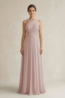 Cross Halter Chiffon A - Line Pleated Bridesmaid Dress in Toffee - KISS BRIDAL Bridesmaid Dresses