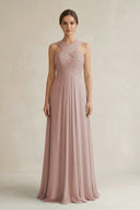 Cross Halter Chiffon A-Line Pleated Bridesmaid Dress in Toffee | KISSBRIDAL