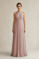 Cross Halter Chiffon A-Line Pleated Bridesmaid Dress in Toffee | KISSBRIDAL