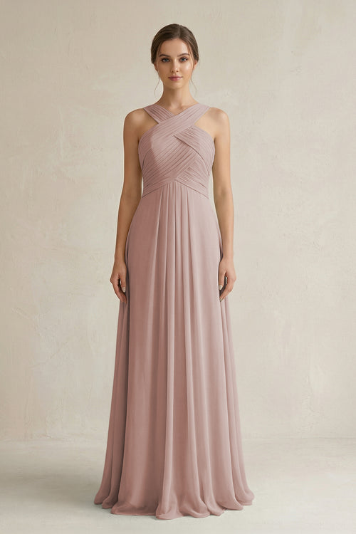 Cross Halter Chiffon A-Line Pleated Bridesmaid Dress in Toffee | KISSBRIDAL