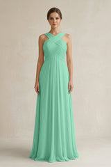 Cross Halter Chiffon A - Line Pleated Bridesmaid Dress in Turquoise - KISS BRIDAL Bridesmaid Dresses