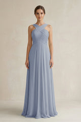 Cross Halter Chiffon A - Line Pleated Bridesmaid Dress in Twilight - KISS BRIDAL Bridesmaid Dresses